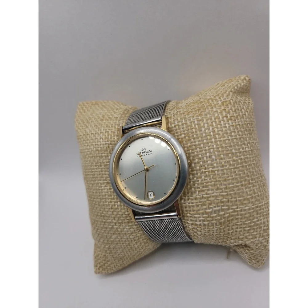 Skagen Denmark 16LGS Two Tone Quartz Watch Date Mesh Band 33.5mm